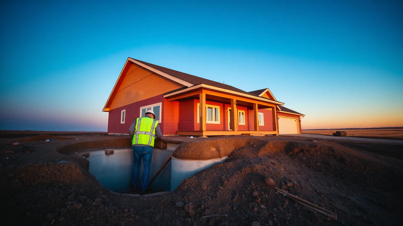 Foundation specialist inspecting a Saskatoon home's concrete foundation at sunset